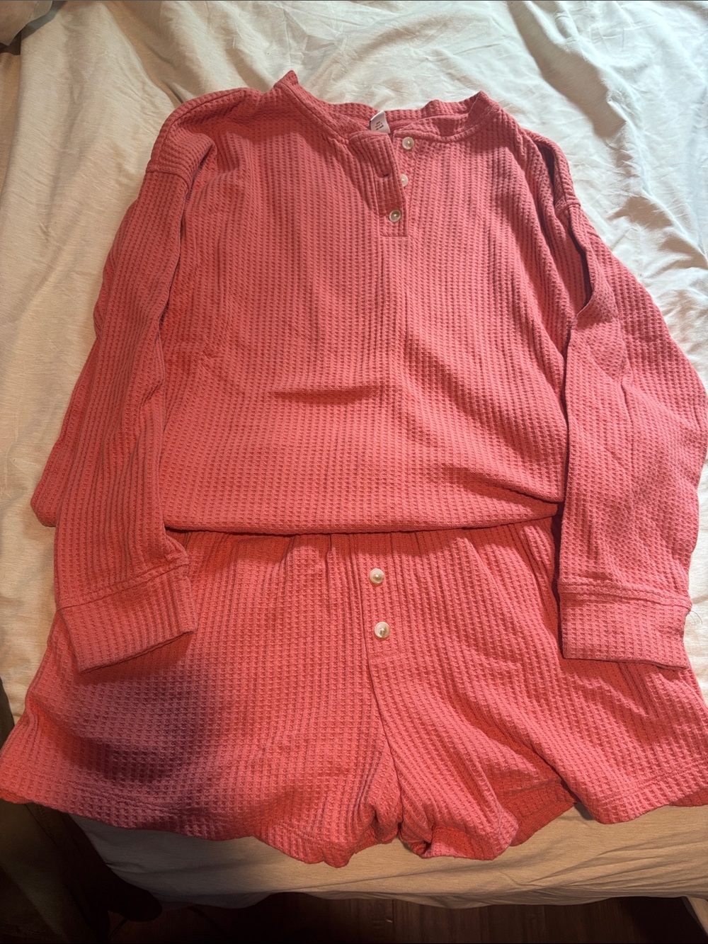 Old Navy Coral Waffle-Knit Long-Sleeve Top & Shorts Pajama Set